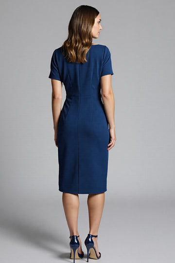 Navy Sheath Short Sleeve Midi Dress